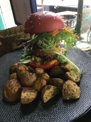 Special burger - double chick’n patty with Sriracha and avo, deeelish ! at The Vegan Shack in Richmond