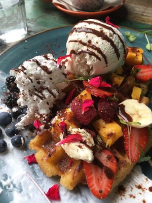 Waffles with ice cream and fresh fruit at The Vegan Shack in Richmond