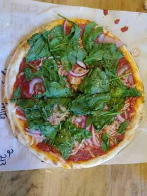 2 topping onions and extra spinach?spicy sauce and vegan cheese at Blaze Pizza in Henderson