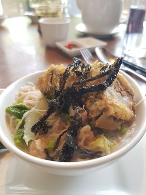 Rice vermicelli , crispy battered tofu and Omnipork at Empress in Central Singapore