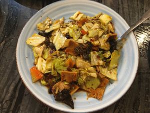 Stir-Fried Sliced Spicy Vegetarian Pork with Mushroom & Cabbage at Gong De Lin in Box Hill