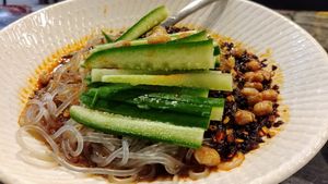 Hot and spicy potato noodle soup with peanuts at Gong De Lin in Box Hill