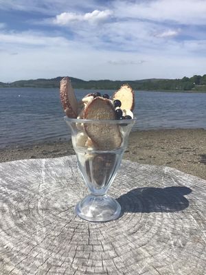 vegan doughnut sundae.
Sliced vegan doughnut 
3 scoops of vegan ice cream and fresh blueberries at Creagan Inn in Appin