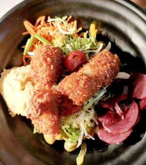 Buddha Bowl.
Homemade hummus, house-marinated olives, spiced beetroot, fresh mixed salad and crunchy tofu. at Creagan Inn in Appin