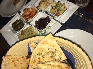 Pitta bread and Dips - Starter of the vegan menu at Kalamaras in West London
