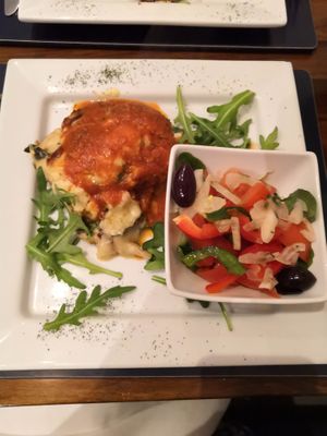 Vegan moussaka and salad  at Kalamaras in West London