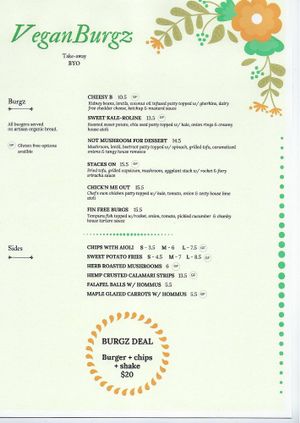 Menu, page 1 at VeganBurgz in Fortitude Valley