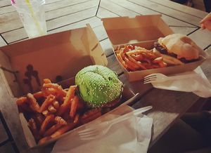 The kale and mushroom burgers with sweet potato fries at VeganBurgz in Fortitude Valley