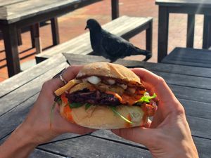 Mushroom burger with pigeon photobomb at VeganBurgz in Fortitude Valley