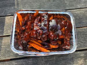 Seitan ribs & sweet potato fries at VeganBurgz in Fortitude Valley