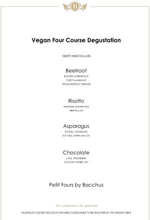 Menu at Bacchus in South Brisbane