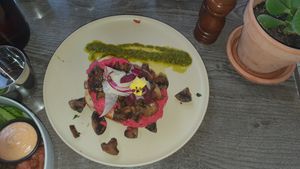 Mushrooms and hommus on soughdough at Suburban West End in South Brisbane