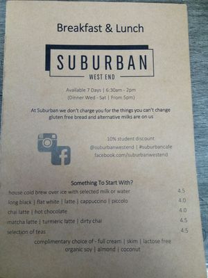 Menu at Suburban West End in South Brisbane