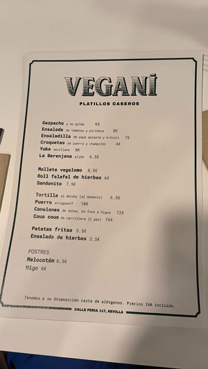 The menu may change over time at Vegani in Sevilla