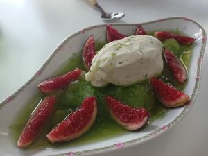 Figs and spearmint sorbet dessert. Seasonal Andalusian ingredients! at Vegani in Sevilla
