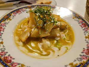 Yukka, very very tasty, warm vegetables with a cold tasty sauce at Vegani in Sevilla