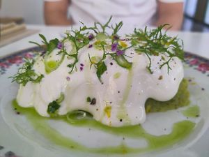 Potato and brocoli mashed under vegan cream at Vegani in Sevilla
