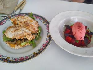Mollete and Strawberry dessert at Vegani in Sevilla