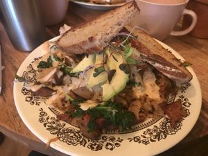 Reuben hash, the beet brined corned beef was amazing!!  at Big Mood in Buffalo