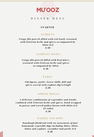 Dinner Menu, page 1 at Mu'ooz in West End