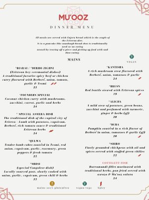 Dinner Menu, page 2 at Mu'ooz in West End