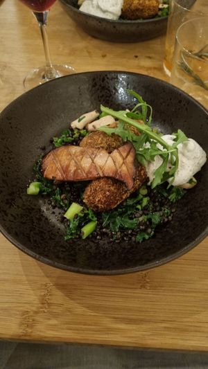 Mushroom croquettes with king oyster mushroom, very light wasabi mousse at Yerba in Amsterdam