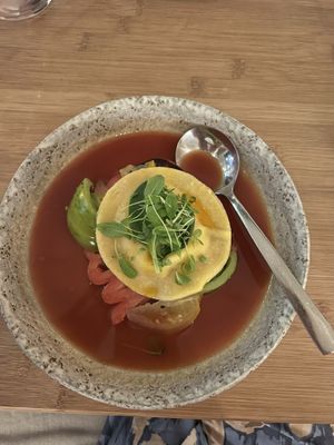 Traditional ravioli pulled with cream and something like gaspacho and tomatoes from Amsterdam farm   at Yerba in Amsterdam