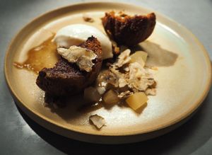 Caramel cake, Jerusalem artichoke sorbet,whiskey pear at Yerba in Amsterdam