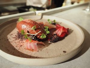 Beetroot cacao sorbet, avocado beetroot custard with rose at Yerba in Amsterdam