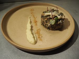 Mushroom tartare, yeast, onion, savory and ramson at Yerba in Amsterdam
