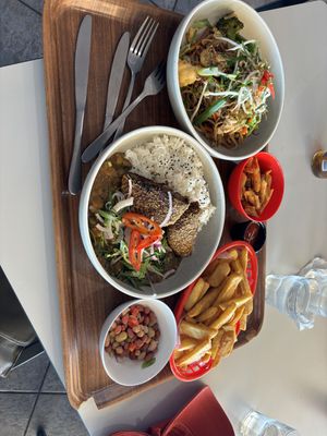 Pad thai, katsu curry, chips and salad bar  at Darwin Trailer Boat Club in Fannie Bay