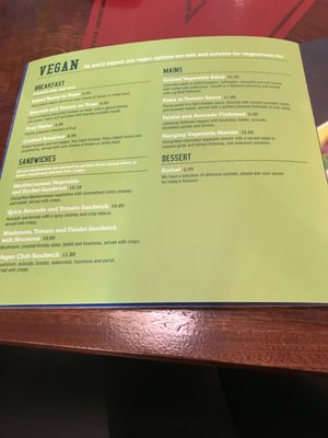 Vegan menu at Sports Cafe - Center Parcs in Brandon