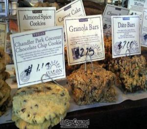 vegan paradise: coconut chocolate chip, granola bars, date bars, almond spice cookies, carrot cake, oatmeal raisin cookies, cherry bar... all vegan! at Avalon - Willis St in Detroit
