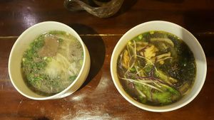 Hot served corner with beef pho and sour mushroom bun at Huong Thien Buffet Chay in Hanoi