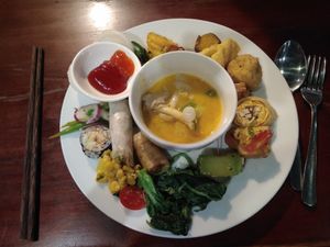 curry soup had dairy, tofu roll had egg. everything else was great! at Huong Thien Buffet Chay in Hanoi