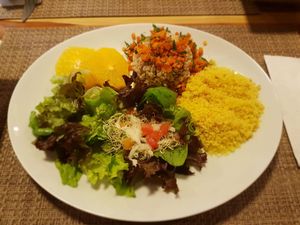 Nut free dish , comes with beans and beetroot and a soya based sausage.  at Vida Bistro in Rio De Janeiro