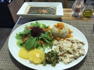 Menu del dia - Feijoada (black beans with sausage) & plate of brown rice &salad at Vida Bistro in Rio De Janeiro