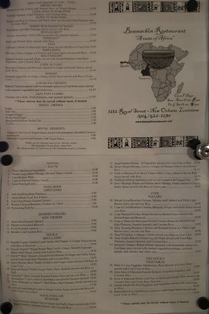 Menu at Bennachin in New Orleans