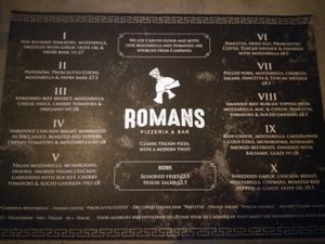 Menu at Romans Pizzeria in Glasgow