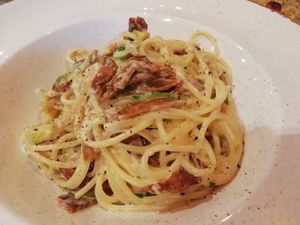 Carbonara - spaghetti with Sgaia bacon and asparagus in a creamy sauce at Romans Pizzeria in Glasgow