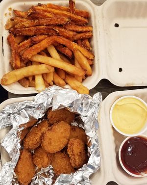 Impossible nuggets and mixed fries/sweet potato fries at Bareburger - Short North in Columbus