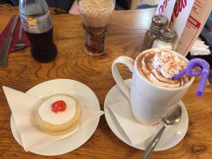 Empire biscuits (they are all vegan now) and vegan hot chocolate with soy cream at Brooklyn Cafe in Glasgow