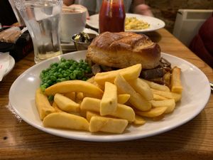 Seitan steak pie, peas and chips. Delicious.  at Brooklyn Cafe in Glasgow