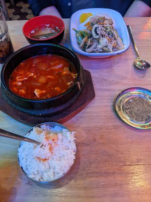 Sundubu jjigae(silken tofu stew) and veg rice bowl at Bibimbap in Glasgow