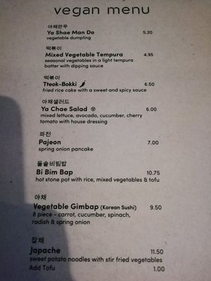 Vegan menu at Bibimbap in Glasgow