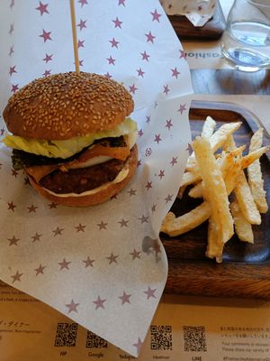 Golden Gym burger with awesome kimchi at Premarché Alternative Diner in Kyoto