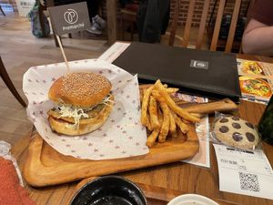 Vegan “fish” burger & fries  at Premarché Alternative Diner in Kyoto