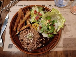 Gluten free fake fish and rice at Premarché Alternative Diner in Kyoto