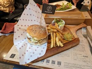 A sweet and sour original burger made with tempeh, dates, and banana chips. at Premarché Alternative Diner in Kyoto