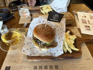 Dragon burger  at Premarché Alternative Diner in Kyoto